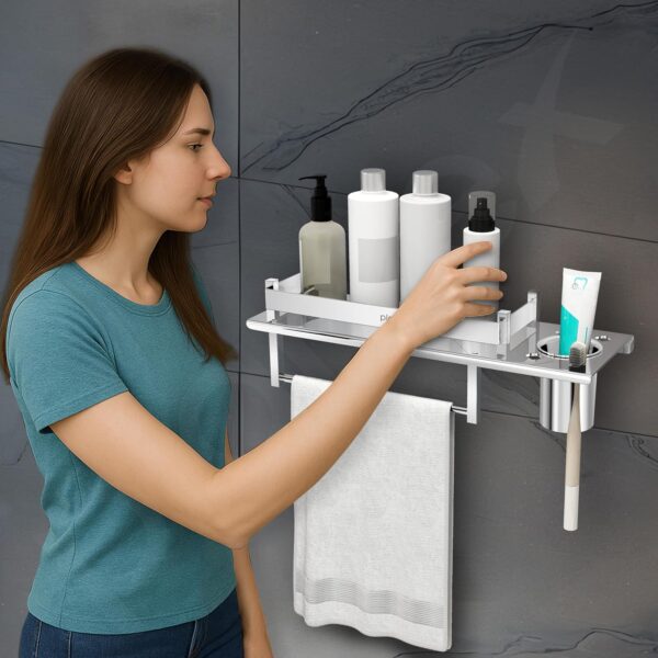 Plantex Stainless Steel Bathroom Shelf/Multipurpose Bathroom Shelf for Wall/Attached Tumbler and Napkin Holder for WashBasin(15 Inches)