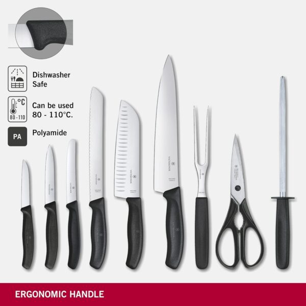 Victorinox “Swiss Classic” Set of 9 Kitchen Black Tools in a Beige Wooden Block, for Home and Professional use, Stainless Steel, Swiss Made, Standard