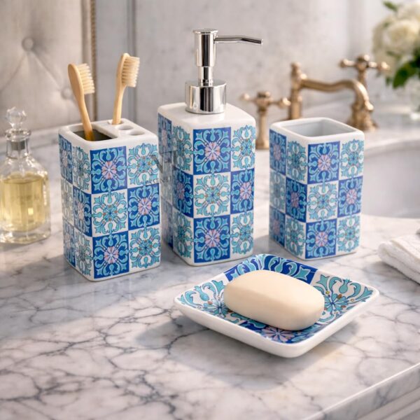 NFI essentials Ceramic 4 Piece Bathroom Accessories Set, Soap Dispenser, Toothbrush Holder, Tumbler & Soap Dish for Washroom Decor and House Warming Gift