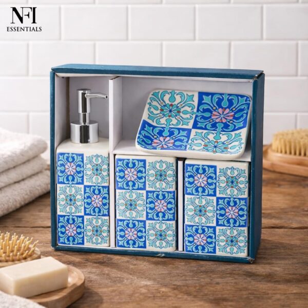 NFI essentials Ceramic 4 Piece Bathroom Accessories Set, Soap Dispenser, Toothbrush Holder, Tumbler & Soap Dish for Washroom Decor and House Warming Gift