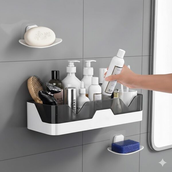 Self Adhesive Bathroom Shelf with 2 Soap Holders | No Drilling Wall Mounted Storage Rack for Shower, Kitchen & Wash Basin | Rust Resistant ABS Plastic Organizer