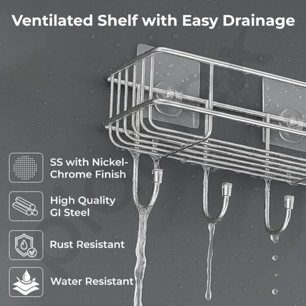 Plantex Stainless Steel Self Adhesive Bathroom Shelf/No Drill Bathroom Organizer with Hooks/Washroom Shelf- Pack of 1(Chrome)