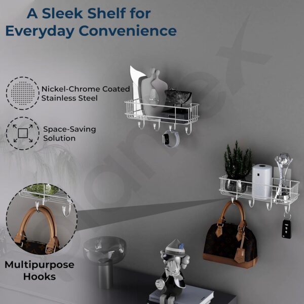 Plantex Stainless Steel Self Adhesive Bathroom Shelf/No Drill Bathroom Organizer with Hooks/Washroom Shelf- Pack of 1(Chrome)