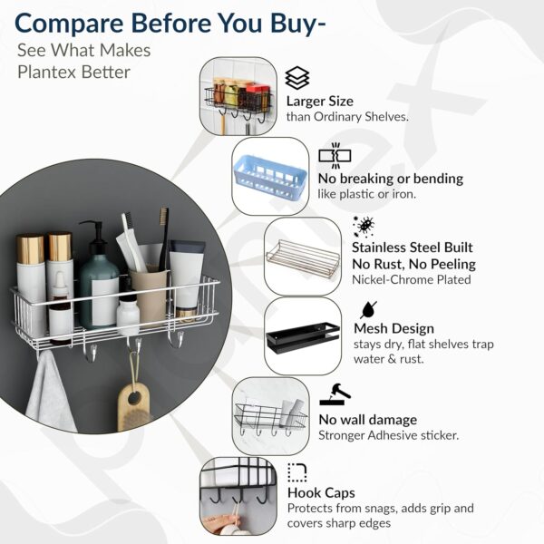 Plantex Stainless Steel Self Adhesive Bathroom Shelf/No Drill Bathroom Organizer with Hooks/Washroom Shelf- Pack of 1(Chrome)