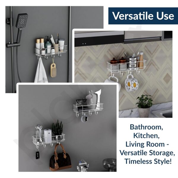 Plantex Stainless Steel Self Adhesive Bathroom Shelf/No Drill Bathroom Organizer with Hooks/Washroom Shelf- Pack of 1(Chrome)