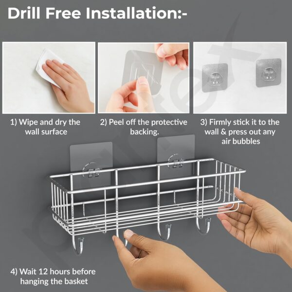 Plantex Stainless Steel Self Adhesive Bathroom Shelf/No Drill Bathroom Organizer with Hooks/Washroom Shelf- Pack of 1(Chrome)