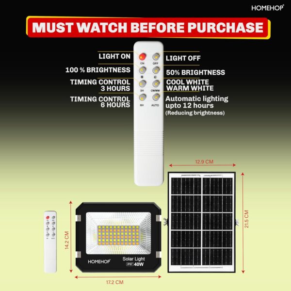 Homehop Solar Flood Light 40 Watt Wall Lamp Outdoor for Home Waterproof Led Automatic Wireless for Garden, Balcony, Pathway, Lawn and Patio (ABS, 3 Color)