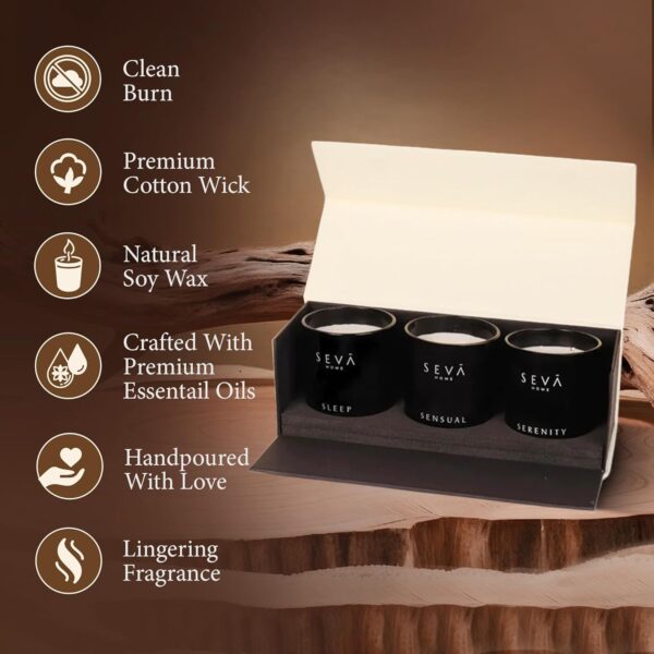 SEVA HOME The Vibes Classic Candle Gift Set of 3 | Sleep, Serenity & Sensual Scents | 30H Each | Natural Soy Wax Black Glass Candles | Luxury Décor & Gifting