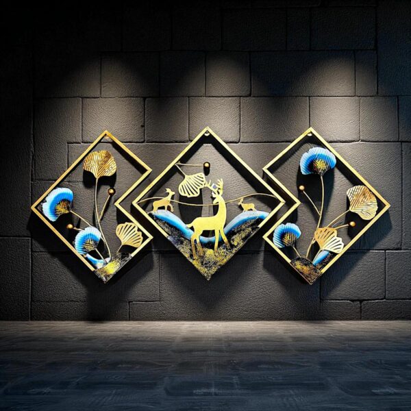 Brovion Art 3 Piece Metal Wall Decor for Living Room – Gold Deer & Leaf Wall Hanging Decoration | Modern Home Decor Items | Large Wall Art for Bedroom, Hall, Office | Powder Coated