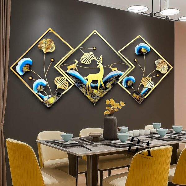 Brovion Art 3 Piece Metal Wall Decor for Living Room – Gold Deer & Leaf Wall Hanging Decoration | Modern Home Decor Items | Large Wall Art for Bedroom, Hall, Office | Powder Coated