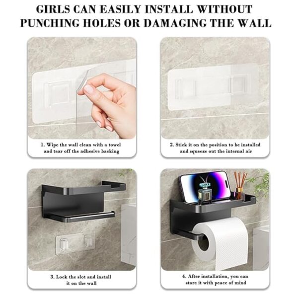 Self Adhesive Toilet Paper Holder with Mobile Stand & Towel Bar – Bathroom Tissue Roll Holder, Wall Mounted Storage Rack, No-Drill Bathroom Accessories (Black, Pack of 1)