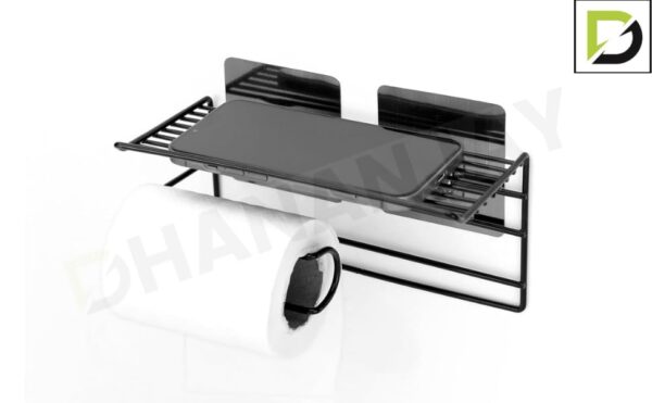 Royal Brothers Self Adhesive Toilet Paper Holder/Tissue Paper Roll Holder with Mobile Stand/Towel Bar Hanger Storage Rack/Bathroom Accessories (Black)