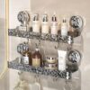 Wall Mounted Bathroom Storage Rack with Suction Cups – Double Shelf with Hooks – Transparent & Patterned Front Design (2)