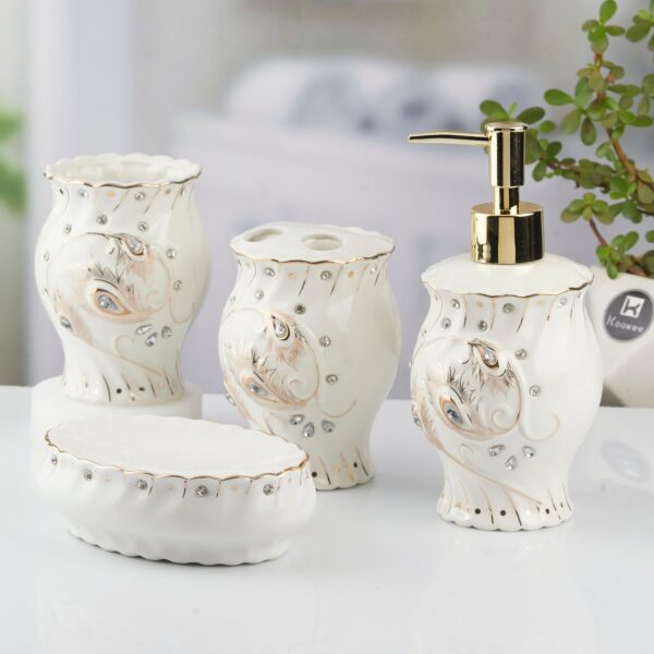 Kookee Ceramic Bathroom Set – Stylish 4 Piece Bath Accessories Kit with Soap Dispenser, Toothbrush Holder, Tumbler & Soap Dish – Modern & Designer Decor, White/Silver/Gold (10102)