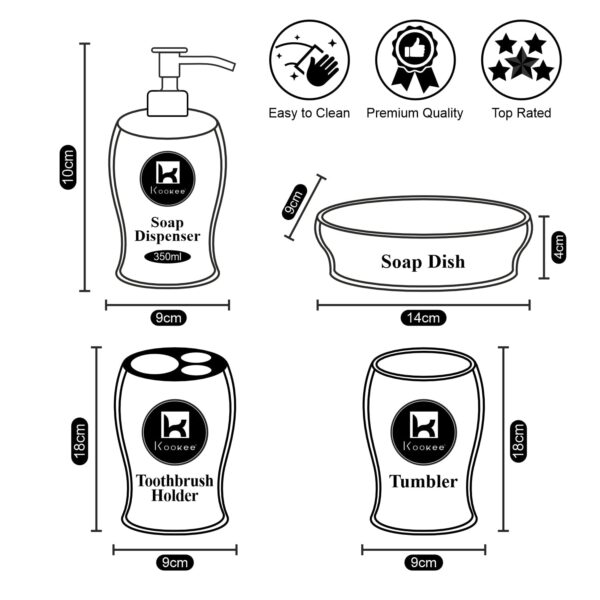 Kookee Ceramic Bathroom Set – Stylish 4 Piece Bath Accessories Kit with Soap Dispenser, Toothbrush Holder, Tumbler & Soap Dish – Modern & Designer Decor, White/Silver/Gold (10102)