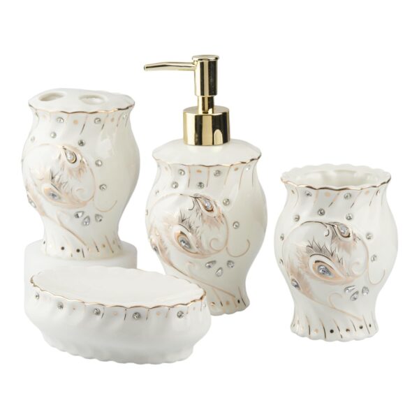 Kookee Ceramic Bathroom Set – Stylish 4 Piece Bath Accessories Kit with Soap Dispenser, Toothbrush Holder, Tumbler & Soap Dish – Modern & Designer Decor, White/Silver/Gold (10102)