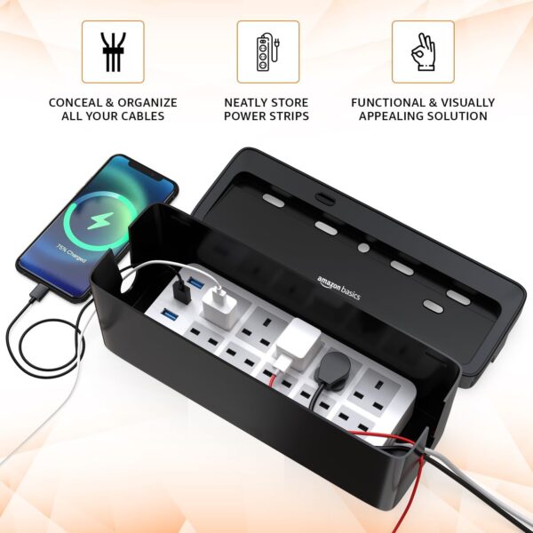 Amazon Basics Cable Management Box with Phone Stand | Cord Organizer Hides Extension Board, Power Strips, Surge Protector, Cords, Wire, Router | TV Cord Box for Desktop, Floor, Home, Office | Black