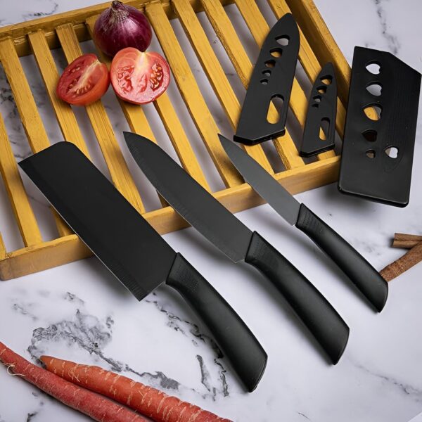 Knife Set for Kitchen Professional 3 Pieces High Carbon Stainless Steel Colour Printed Coated Chef Knife Utility Knife Cutting Knife Kitchen Knives with Ergonomic Handle (Black)
