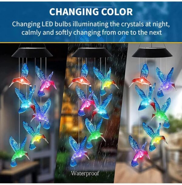 Solar Powered LED Hummingbird Wind Chime, Color Changing Outdoor Garden Light, Mobile Hanging Decoration with Blue Crystal Birds