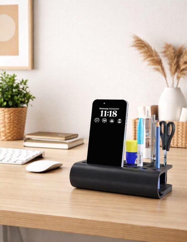 Premium Metal Desk Organizer with Integrated Mobile Stand | Multi-Compartment Office Supply Holder | Matte Black Finish | Made of SS & CRC Material | L150 × W110 × H45 mm