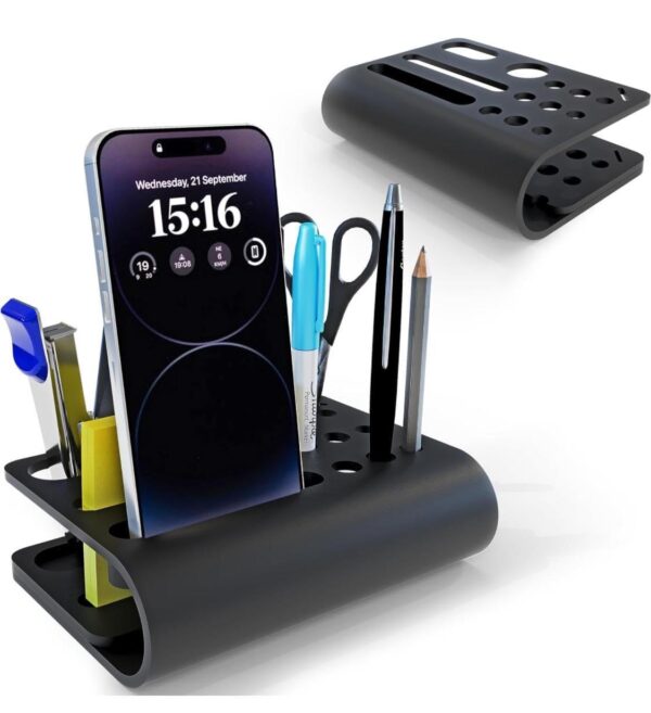 Premium Metal Desk Organizer with Integrated Mobile Stand | Multi-Compartment Office Supply Holder | Matte Black Finish | Made of SS & CRC Material | L150 × W110 × H45 mm