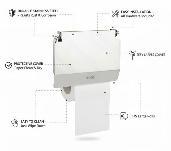 Force Stainless Steel Toilet Paper Roll Holder | Wall-Mounted Bathroom Tissue Holder | Rust-Proof & Corrosion-Resistant | Space-Saving Durable Bathroom & Basin Accessory
