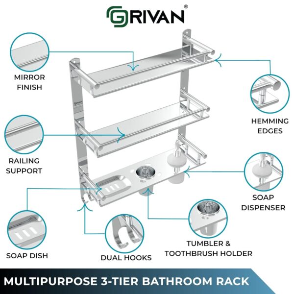 GRIVAN 6in1 Premium Stainless Steel Shelf Racks Stand Holder Shelves with Soap, Toothbrush, Tumbler Holder and Liquid Soap Dispenser for Bathroom Accessories and Fittings (Silver Chromed)