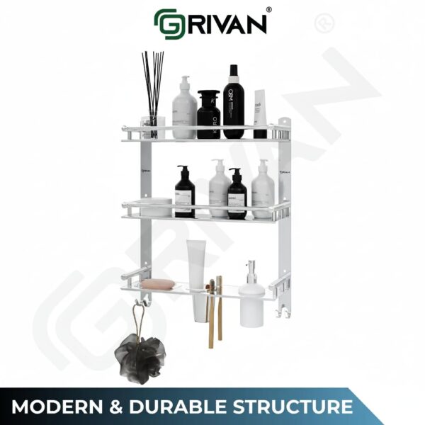 GRIVAN 6in1 Premium Stainless Steel Shelf Racks Stand Holder Shelves with Soap, Toothbrush, Tumbler Holder and Liquid Soap Dispenser for Bathroom Accessories and Fittings (Silver Chromed)