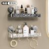 Double Bathroom Shelf with Suction Cup Mount and Hooks – Wall Mounted Transparent Storage Rack with Decorative Panel (2)