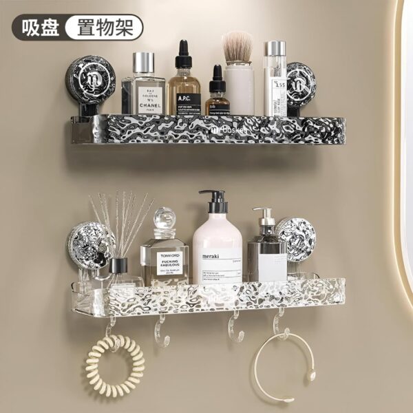 Double Bathroom Shelf with Suction Cup Mount and Hooks – Wall Mounted Transparent Storage Rack with Decorative Panel (2)