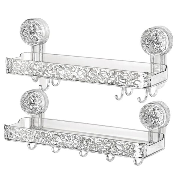 Double Bathroom Shelf with Suction Cup Mount and Hooks – Wall Mounted Transparent Storage Rack with Decorative Panel (2)