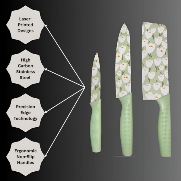 Kitchen Knife Set of 3 – Stainless Steel Chef, Paring & Butcher Knives | Ultra Sharp, Rust-Resistant Blades with Printed Design | Multipurpose Cooking Knife Set for Home & Restaurant Use
