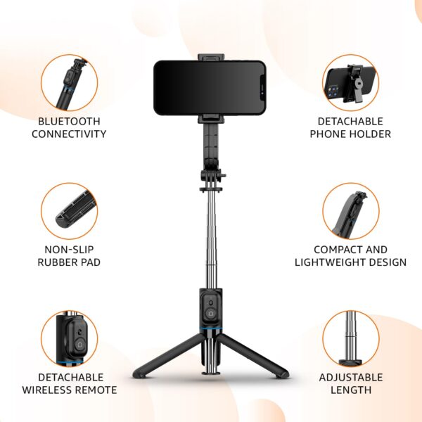 Amazon Basics Selfie Stick with Detachable Phone Clip | 107 cm Extendable | Remote Control | Compatible with Mirrorless/Action Camera, Ring Light, Gopro | Ideal for Selfies, Vlogging, Black