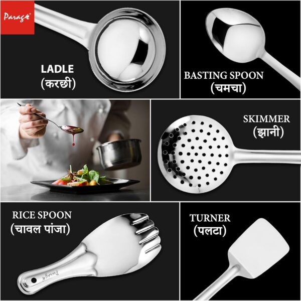 Parage 5 Pieces Stainless Steel Kitchen Tools Set for Kitchen Cooking and Serving, Pack of 5, Ladle(Karchhi), Skimmer(Jhara), Turner/Spatula (Palta), Basting and Rice Spoon, Silver