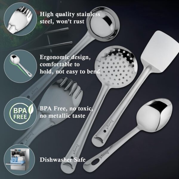 Parage 5 Pieces Stainless Steel Kitchen Tools Set for Kitchen Cooking and Serving, Pack of 5, Ladle(Karchhi), Skimmer(Jhara), Turner/Spatula (Palta), Basting and Rice Spoon, Silver