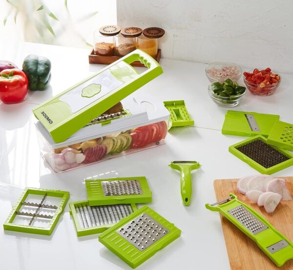 Amazon Brand - Solimo 15-in-1 Stainless Steel Multipurpose Vegetable and Fruit Chopper, Green