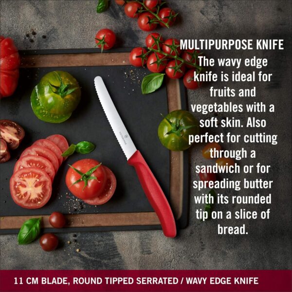 Victorinox Kitchen Knife, Set of 2, Sharp Wavy Edge Multipurpose Knife and Stainless Steel Universal Peeler, Red
