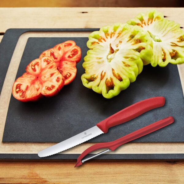 Victorinox Kitchen Knife, Set of 2, Sharp Wavy Edge Multipurpose Knife and Stainless Steel Universal Peeler, Red