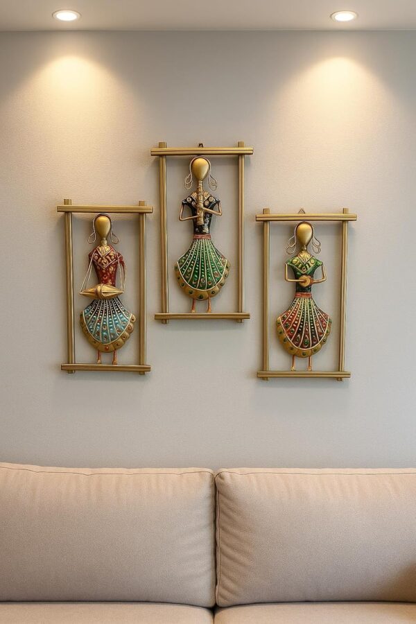 pranjals house Rajasthani Musician Metal Wall Art Set of 3 | Traditional Indian Wall Hanging Decor for Living Room, Bedroom & Home | Handcrafted Metal Frame (12 x 6.5 Inch)