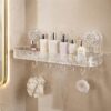 Wall Mounted Bathroom Storage Rack with Suction Cups – Double Shelf with Hooks – Transparent & Patterned Front Design (1)