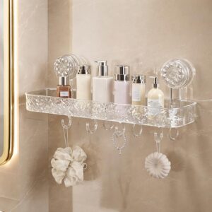 Wall Mounted Bathroom Storage Rack with Suction Cups – Double Shelf with Hooks – Transparent & Patterned Front Design (1)