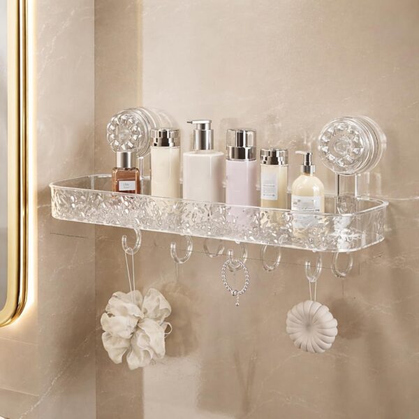 Wall Mounted Bathroom Storage Rack with Suction Cups – Double Shelf with Hooks – Transparent & Patterned Front Design (1)