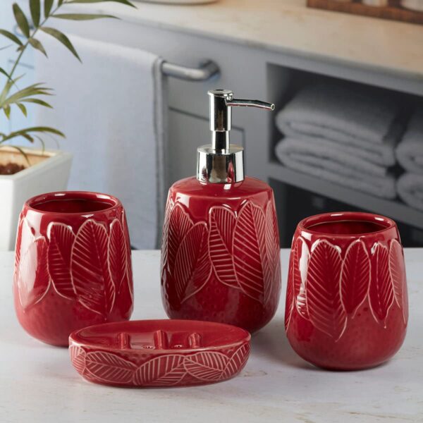 Kookee Ceramic Bathroom Set – Stylish 4 Piece Bath Accessories Kit with Soap Dispenser, Toothbrush Holder, Tumbler & Soap Dish – Modern & Designer Decor for Home & Guest Bathrooms, Red (9886)