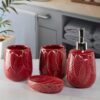 Kookee Ceramic Bathroom Set – Stylish 4 Piece Bath Accessories Kit with Soap Dispenser, Toothbrush Holder, Tumbler & Soap Dish – Modern & Designer Decor for Home & Guest Bathrooms, Red (9886)