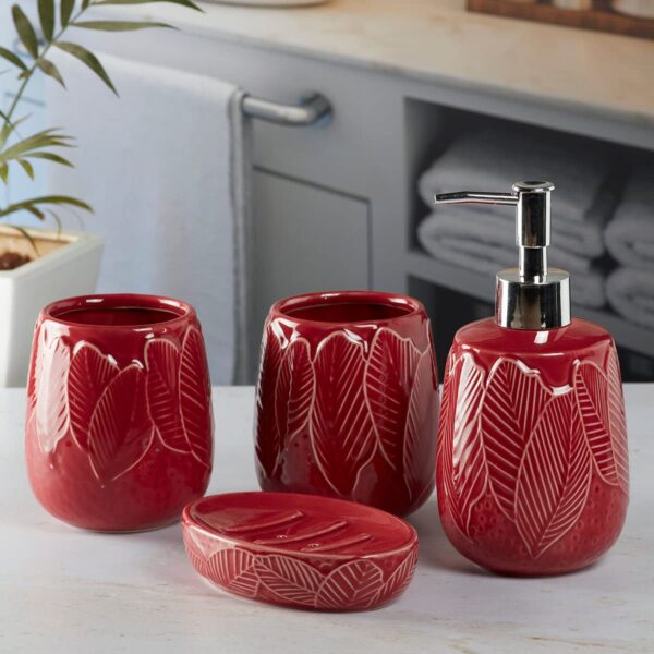 Kookee Ceramic Bathroom Set – Stylish 4 Piece Bath Accessories Kit with Soap Dispenser, Toothbrush Holder, Tumbler & Soap Dish – Modern & Designer Decor for Home & Guest Bathrooms, Red (9886)