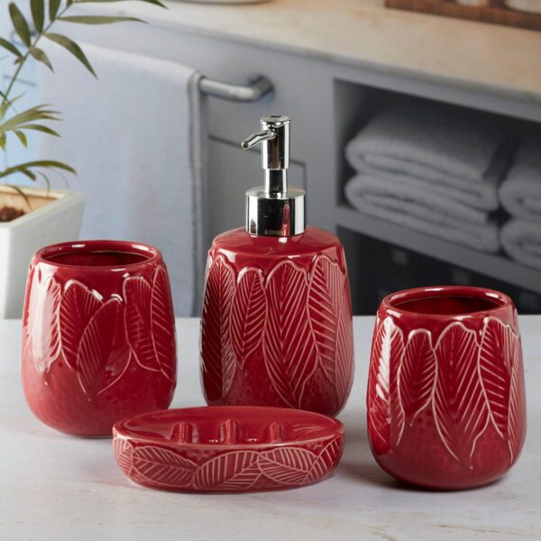 Kookee Ceramic Bathroom Set – Stylish 4 Piece Bath Accessories Kit with Soap Dispenser, Toothbrush Holder, Tumbler & Soap Dish – Modern & Designer Decor for Home & Guest Bathrooms, Red (9886)