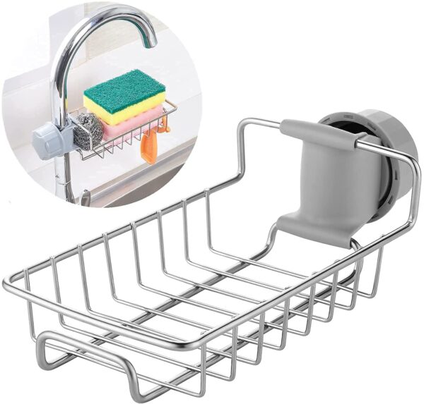 Kitchen Sink Faucet Sponge Holder Caddy Organizer Over, Stainless Steel Heavy Duty Thickening Hanging Drain Rack for scrubbers, soap, Bathroom, Detachable no Suction Cup Bathroom soap Holder