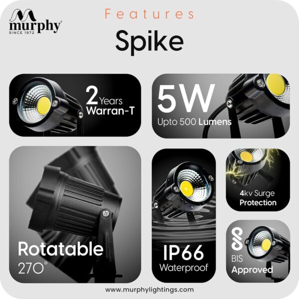 Murphy 5W Heavy-Duty LED Spike Focus Light - IP65 Water Resistant, Adjustable 180°, Aluminium Material, Outdoor Garden Lights (Warm White), Pack of 10
