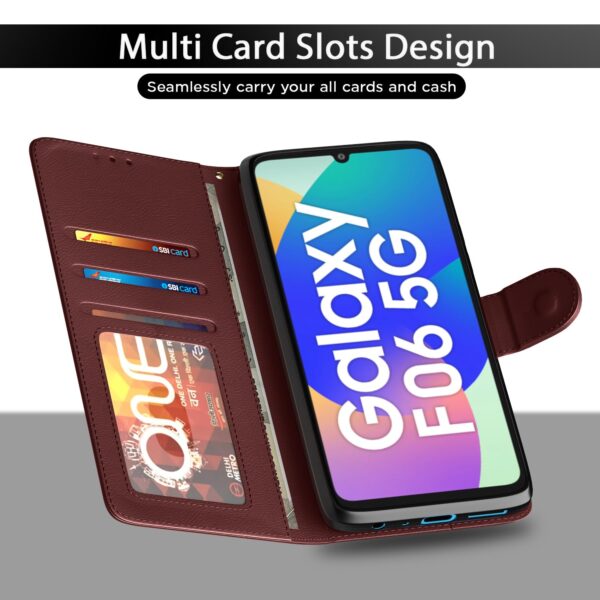 Pikkme Flip Cover for Samsung Galaxy F06 5G / M06 5G Leather Finish | Inside TPU with Card Pockets | Wallet Stand and Shock Proof | Complete Protection Flip Case(Brown)