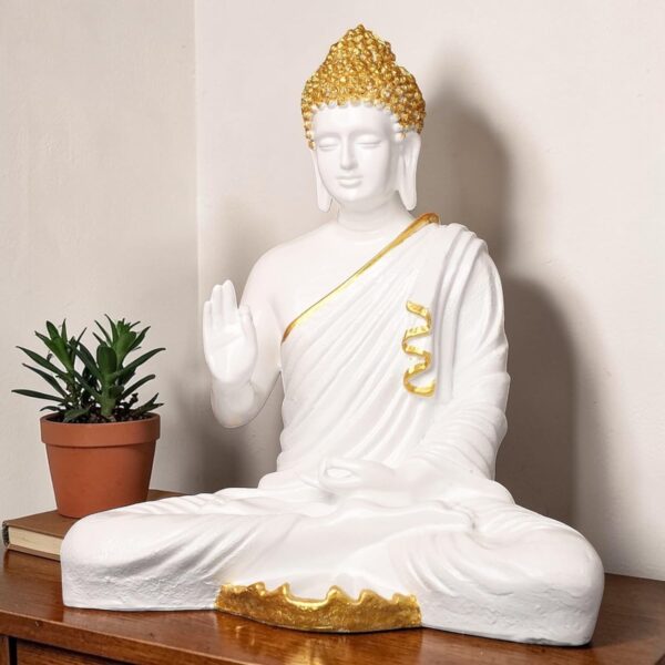 Elegant White & Gold Buddha Statue Meditative Abhaya Mudra Figurine for Home Dcor, Spiritual Gifts & Meditation Spaces (15 inch/ 38cm) Golden Stripe